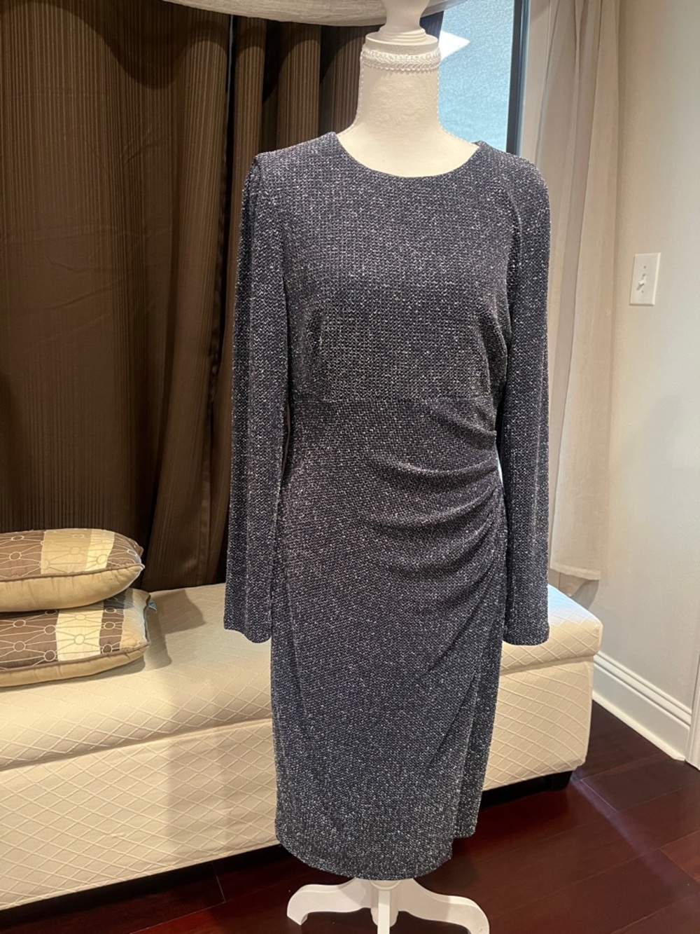 Ralph Lauren Metallic Long-Sleeve Sheath Dress in Charcoal Sparkle
